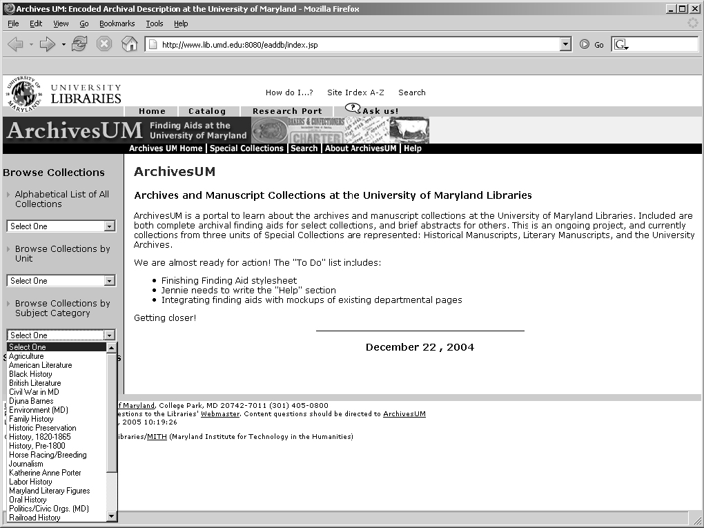 Figure 2. The home page of ArchivesUM, with a pull-down menu listing the subject guides which are generated through a combination of static HTML and dynamically-generated content from the database.