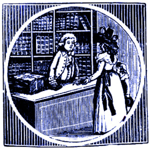 BBTI logo: an image of                  a male shopkeeper in a bookshop serving a woman customer.