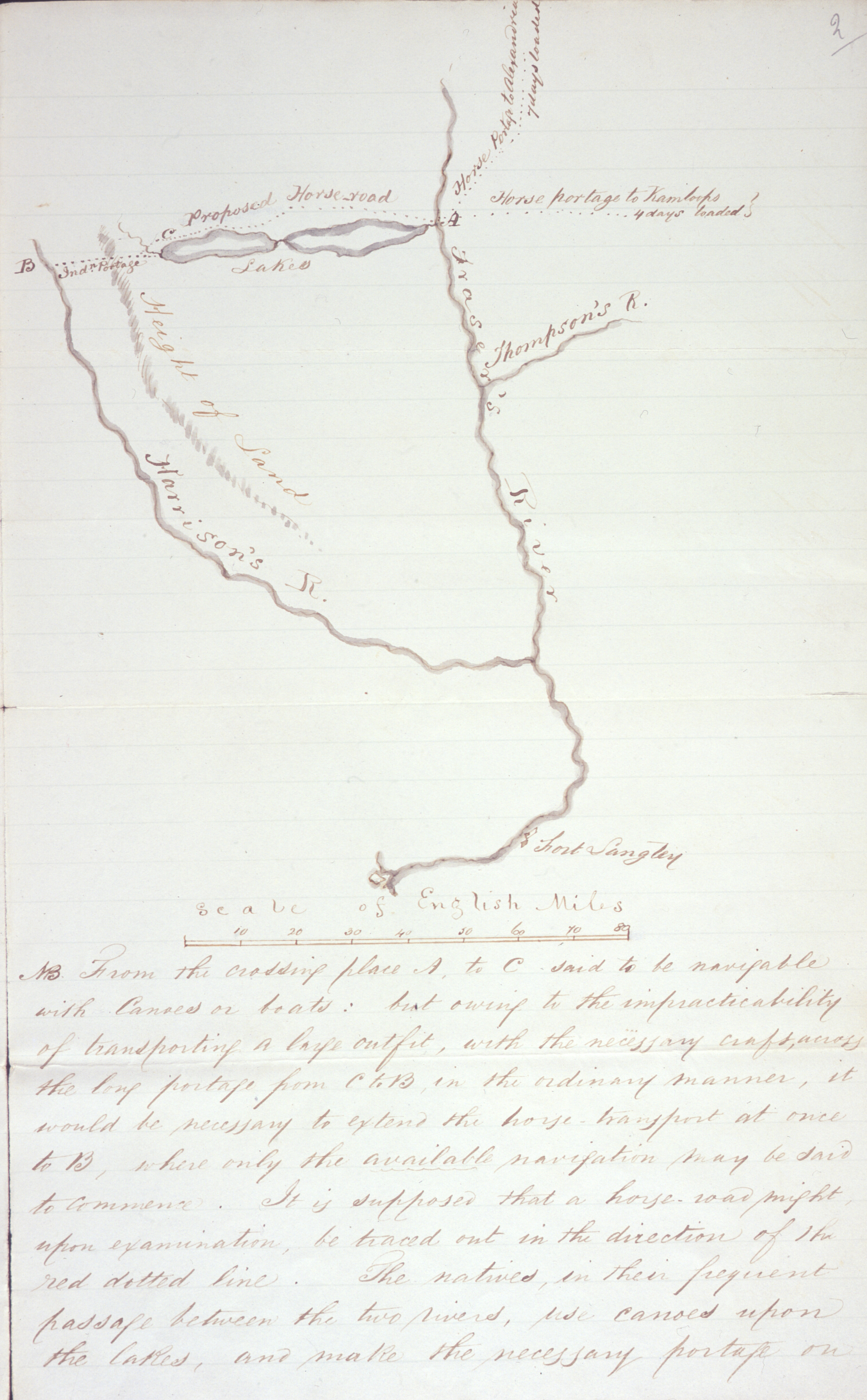 Sketch map accompanying Suggestions for the exploration of a new route of communication by which…the transport of the supplies and returns to and from the Districts of New Caledonia and Thompson's River might be advantageously cariedcarried on in connexion with Fort Langley and the new establishment of Victoria