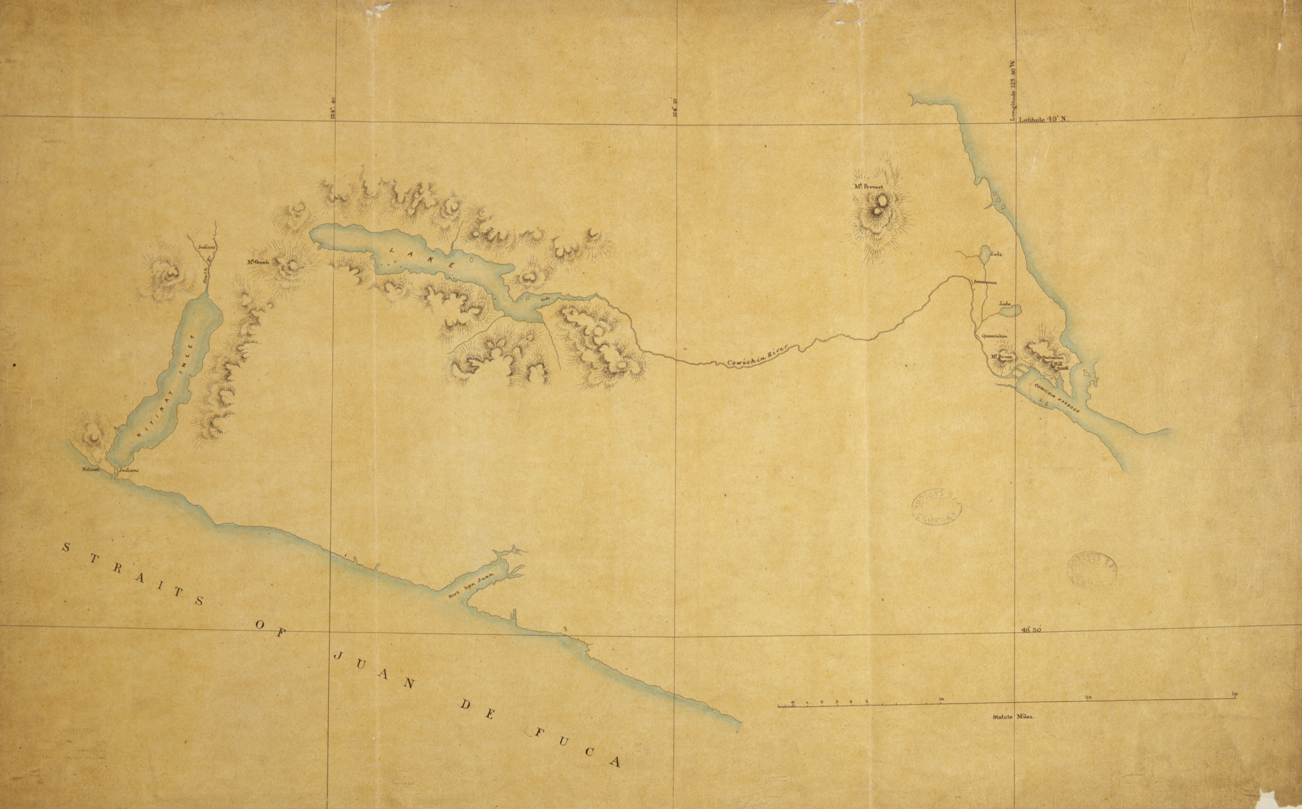 Map showing part of Vancouver Island, between Straits of Juan de Fuca and Cowichan Harbour.