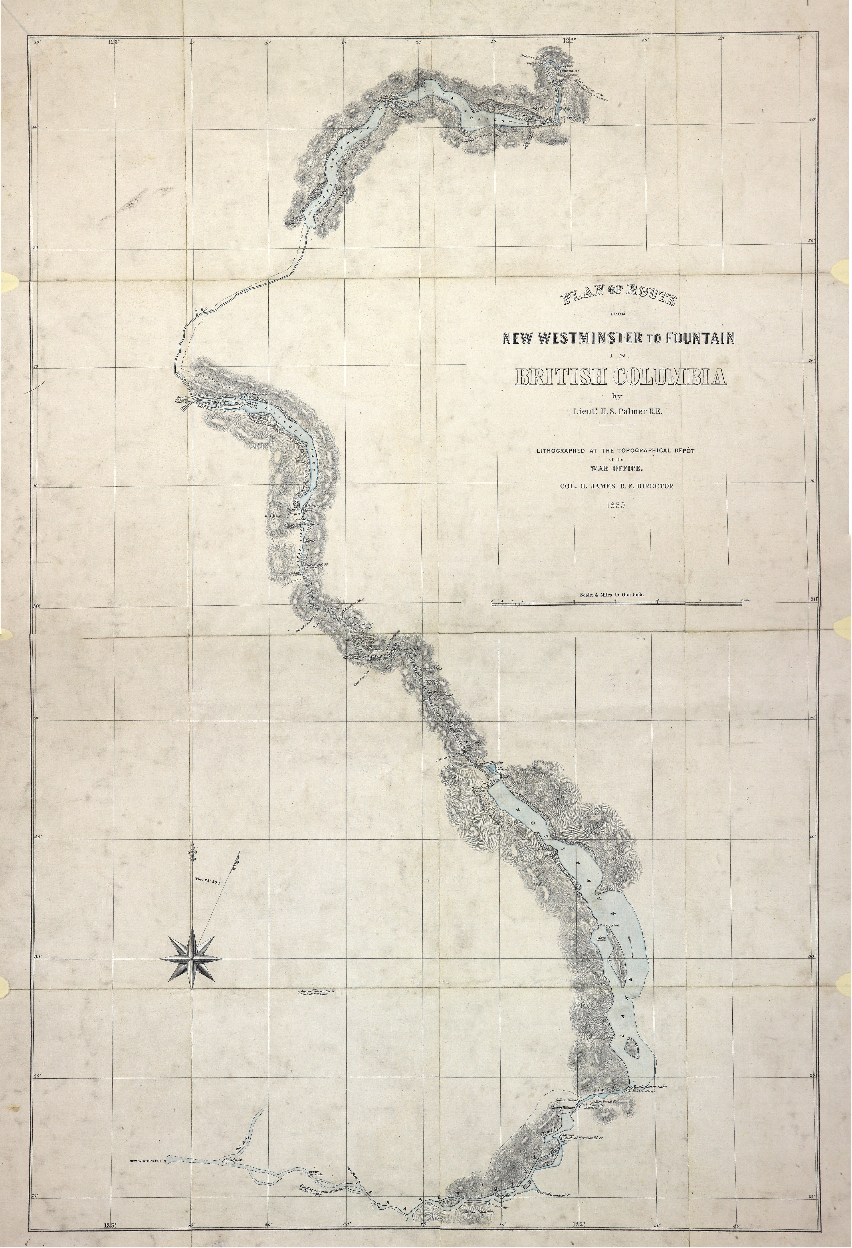 Plan of Route from New Westminster to Fountain in British Columbia, by Lieut. H. S. Palmer, R.E., 1859. 4 miles to 1 inch. Author, Publisher, &c.: War Office, London. [British Columbia, 1859]