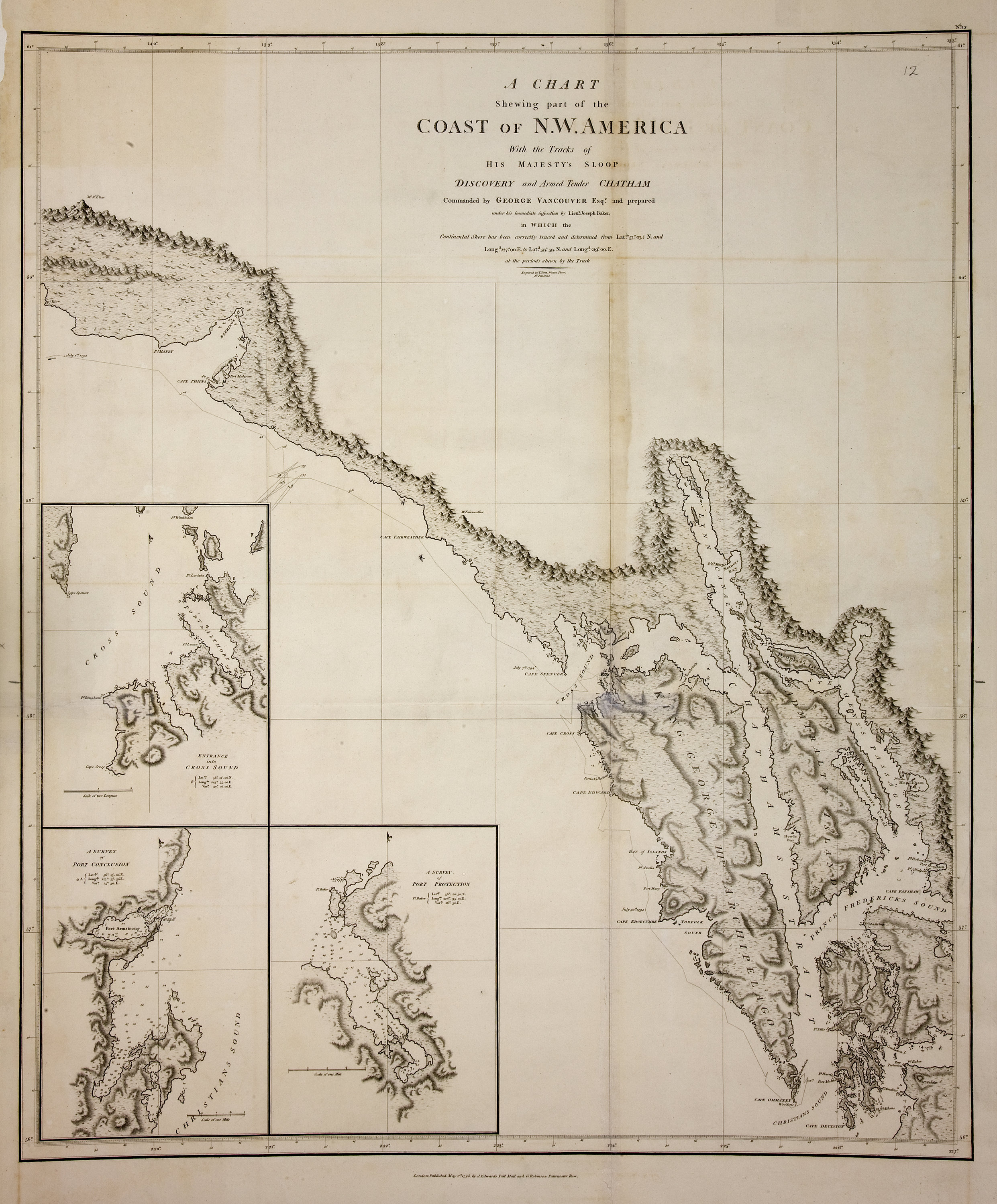 Chart shewing part of the coast of N.W. America. With the tracks of His Majesty's Sloop Discovery and Armed Tender Chatham.  Commanded by George Vancouver, Esqr. and prepared under his immediate inspection by Lieut. Joseph Baker, in which the continental shore has been correctly traced and determined from lat. 57⁰,07ʹ 1/2 N. and long. 227⁰,00ʹ E. to lat. 59⁰,59ʹ N. and long. 219⁰,00ʹ E. at the periods shewn by the track ; engraved by T. Foot.