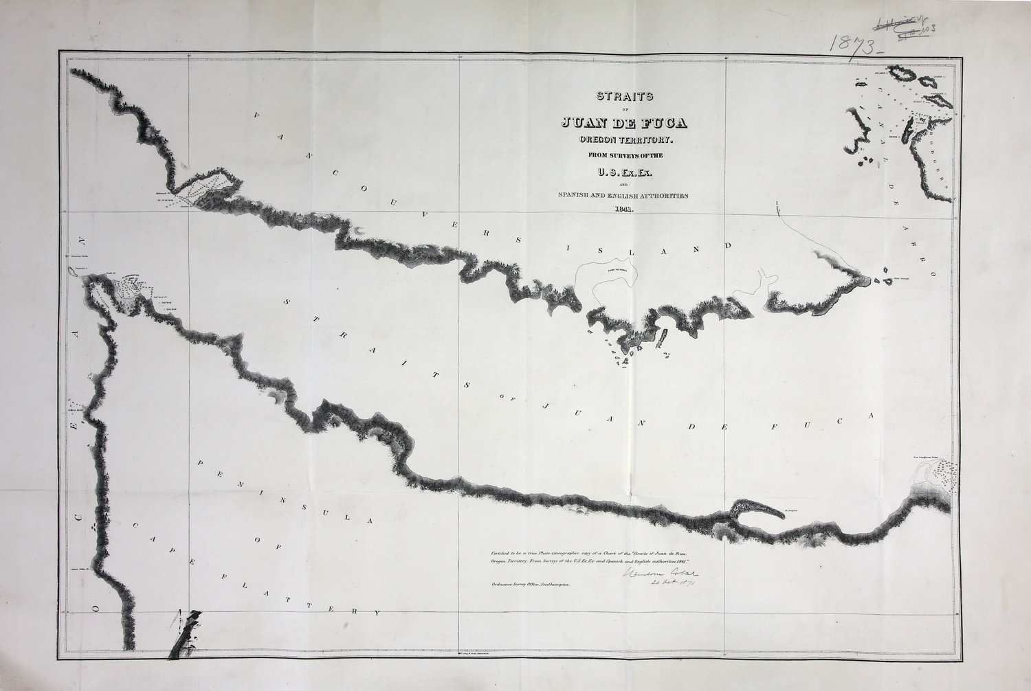 Straits of Juan de Fuca, Oregon Territory. From surveys of the U.S. Ex. Ex. and Spanish and English authorities