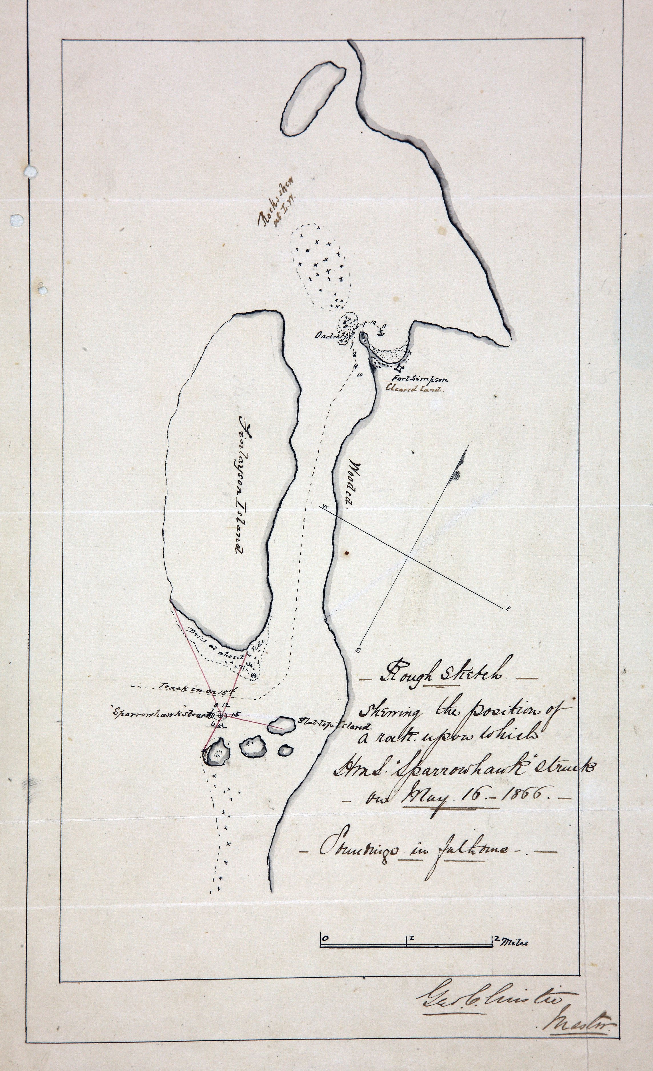 Sketch showing the position of a rock at Port Simpson (now Lax Kw'alaams), British Columbia (now in Canada) on which HMS Sparrowhawk struck on May 16 1866, with Fort Simpson, Finlayson Island and the track of the ship.