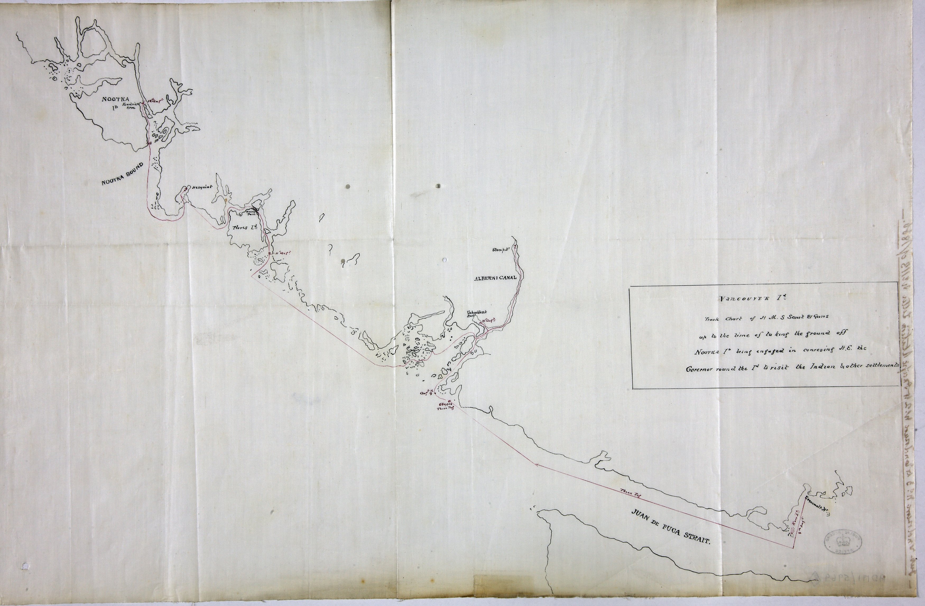 Vancouver Island: Chart of HMS Scout 9-12 August 1866 showing her grounding off Nootka Island while 'conveying H.E. the Governor round the Id. to visit the Indian & other settlements'.