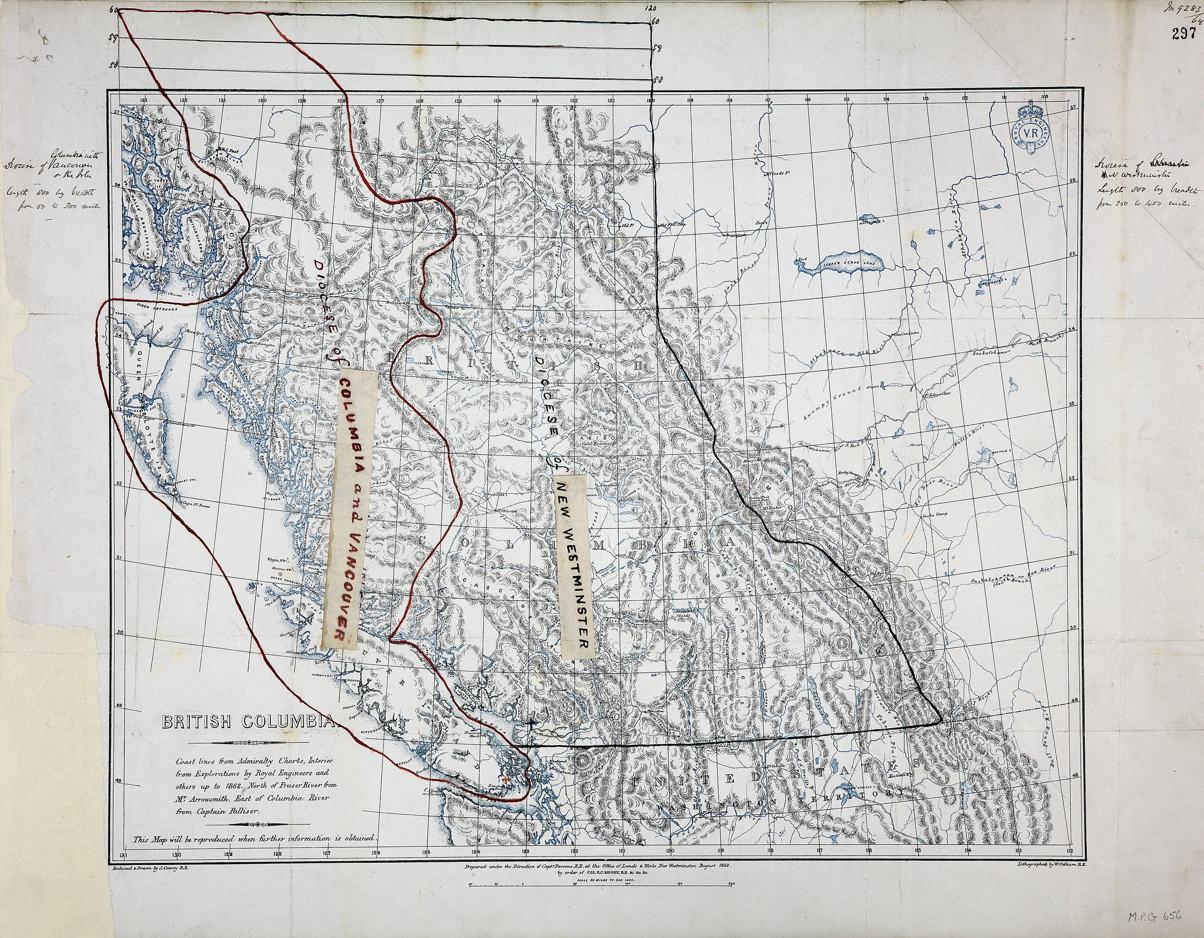 British Columbia. Coast lines from Admiralty Charts, interior from Explorations by Royal Engineers and others up to 1862. North of Fraser River from Mr. Arrowsmith. East of Columbia River from Captain Palliser.