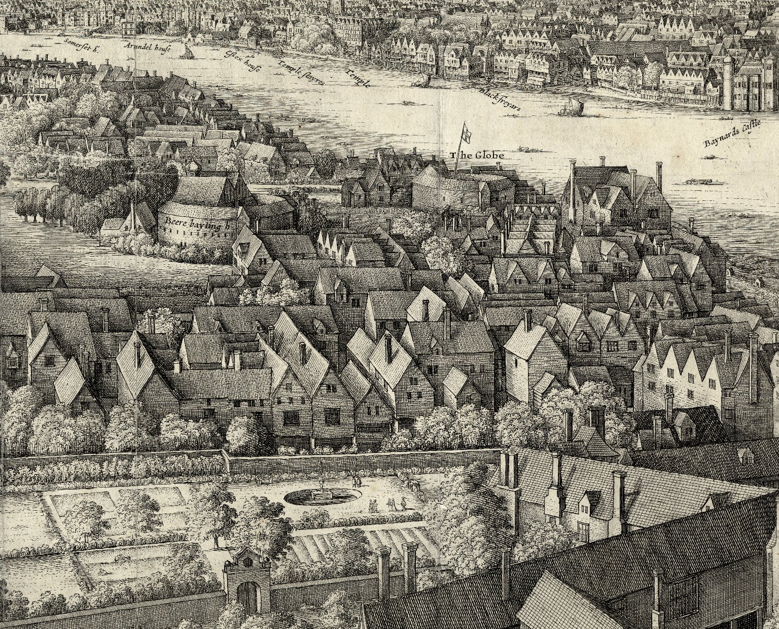 View of Bankside, including the Globe and the Bear Garden, by Wenceslaus Hollar. Image courtesy of the Folger Digital Image Collection.