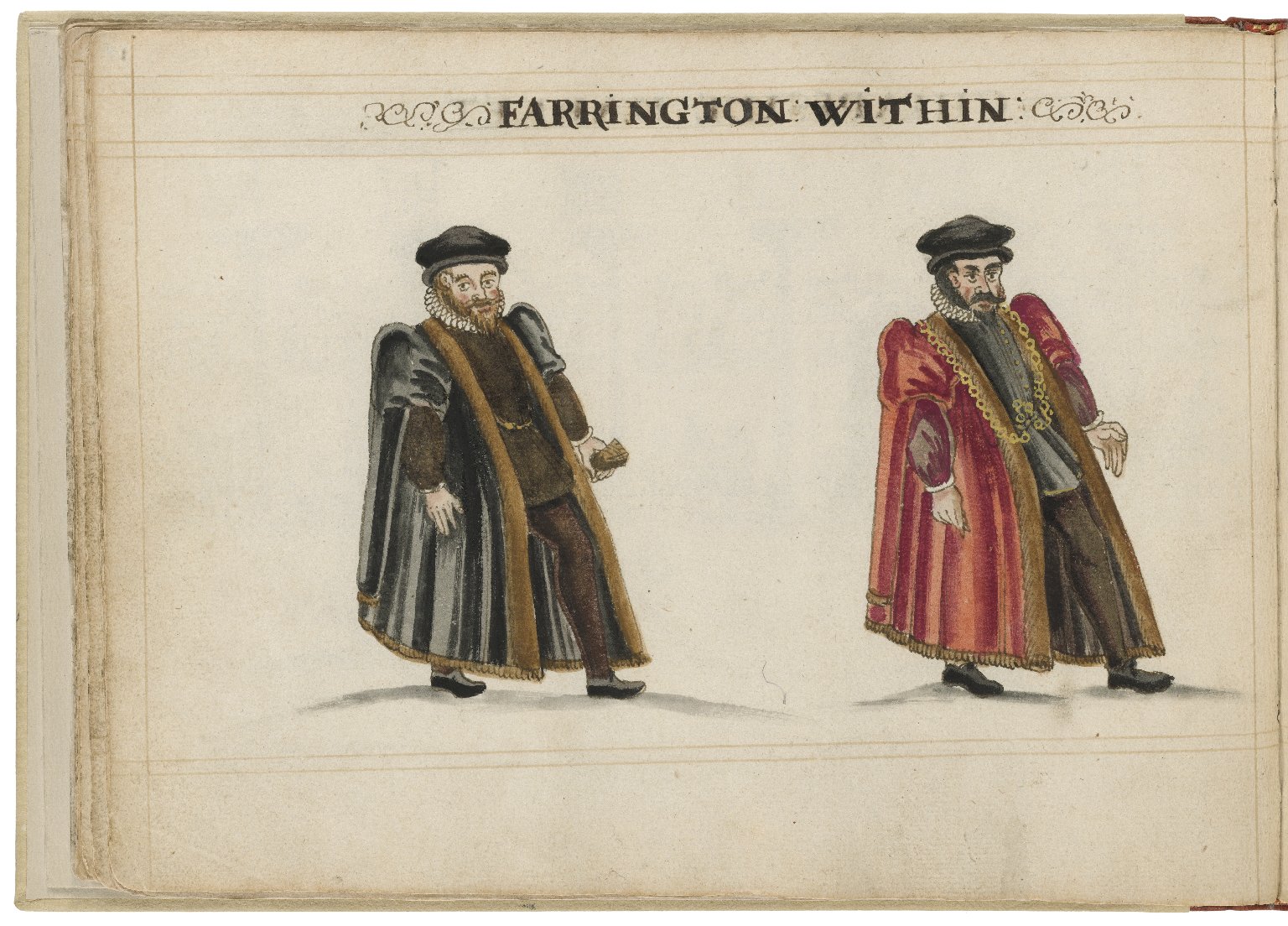 Watercolour painting of the alderman and deputy in charge of Farringdon Within Ward by Hugh Alley. Image courtesy of the Folger Digital Image Collection.
