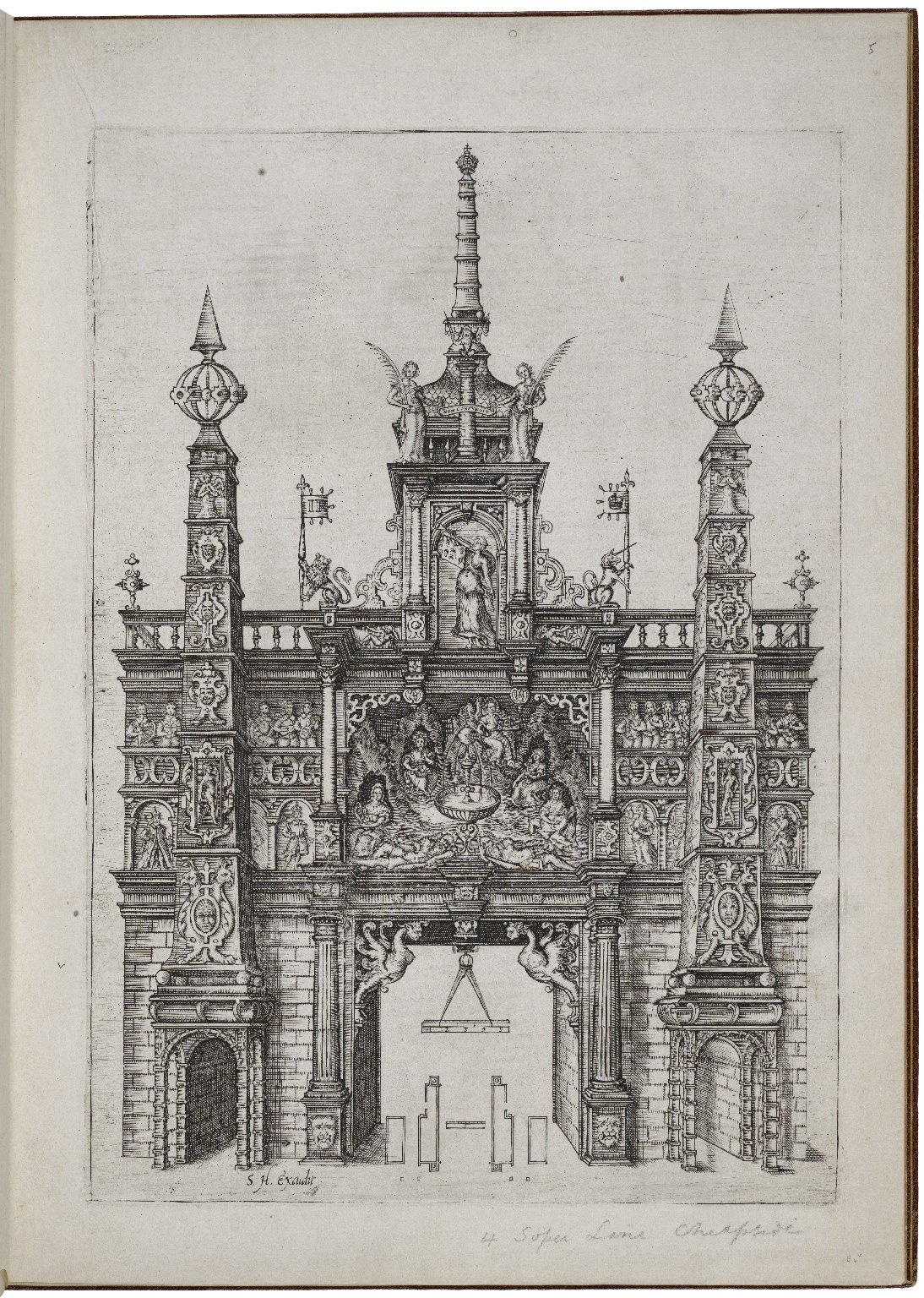 Engraving of the triumphal arch at Fenchurch Street by Stephen Harrison. Image courtesy of the Folger Digital Image Collection.