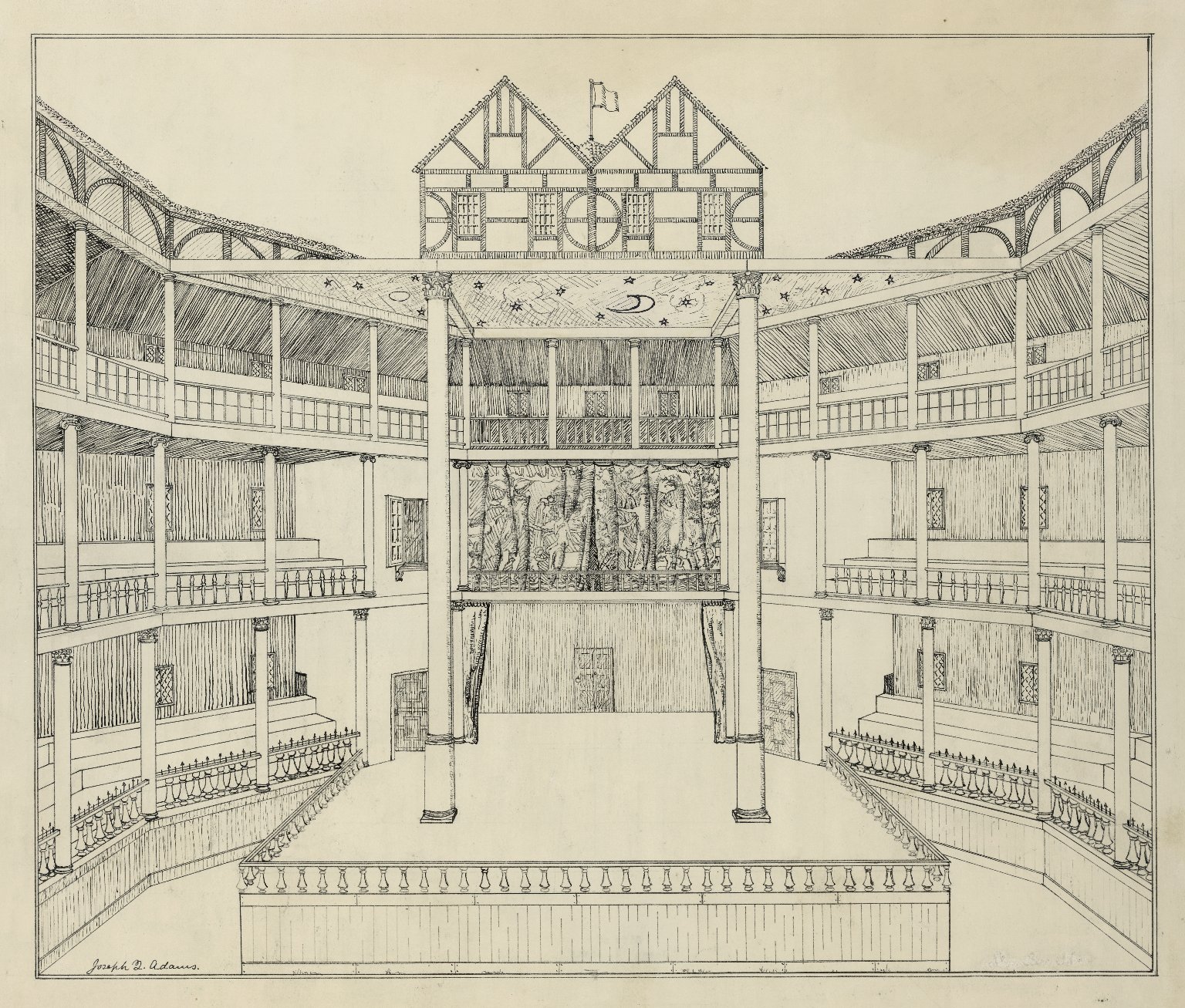 Conjectural, cut-away view of the interior of the Globe by Joseph Quincy Adams. Image courtesy of the Folger Digital Image Collection.
