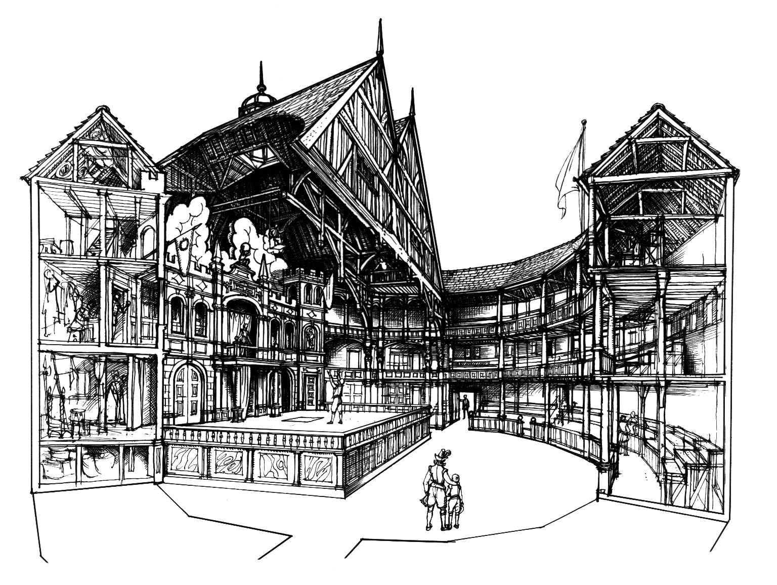 Conjectural, cut-away view of the interior of the Globe by C. Walter Hodges. Image courtesy of the Folger Digital Image Collection.