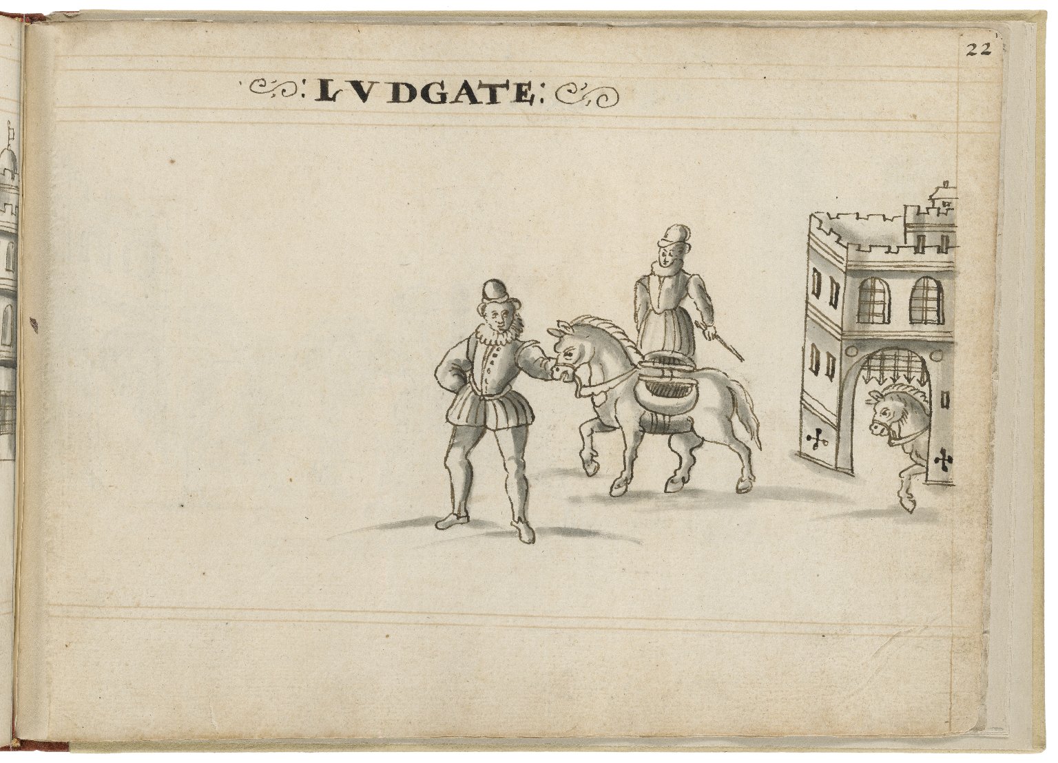 Drawing of Ludgate by Hugh Alley. Image courtesy of the Folger Digital Image Collection.
