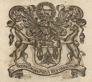 The coat of arms of the Merchant Taylors’ Company, from Stow (1633). [Full size
                    image]