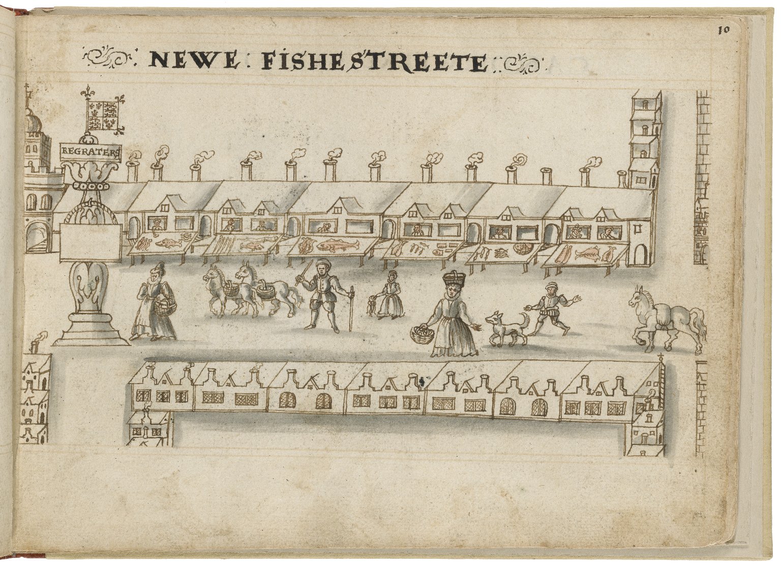 Drawing of New Fish Street by Hugh Alley. Image courtesy of the Folger Digital Image Collection.