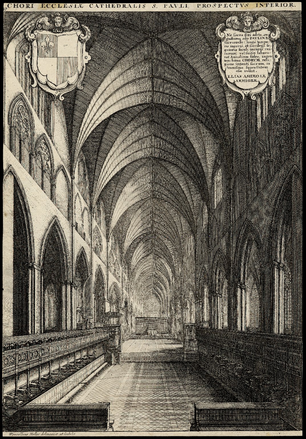 Engraving of the interior of St. Paul’s Cathedral by Wenceslaus Hollar. Image courtesy of the Folger Digital Image Collection.