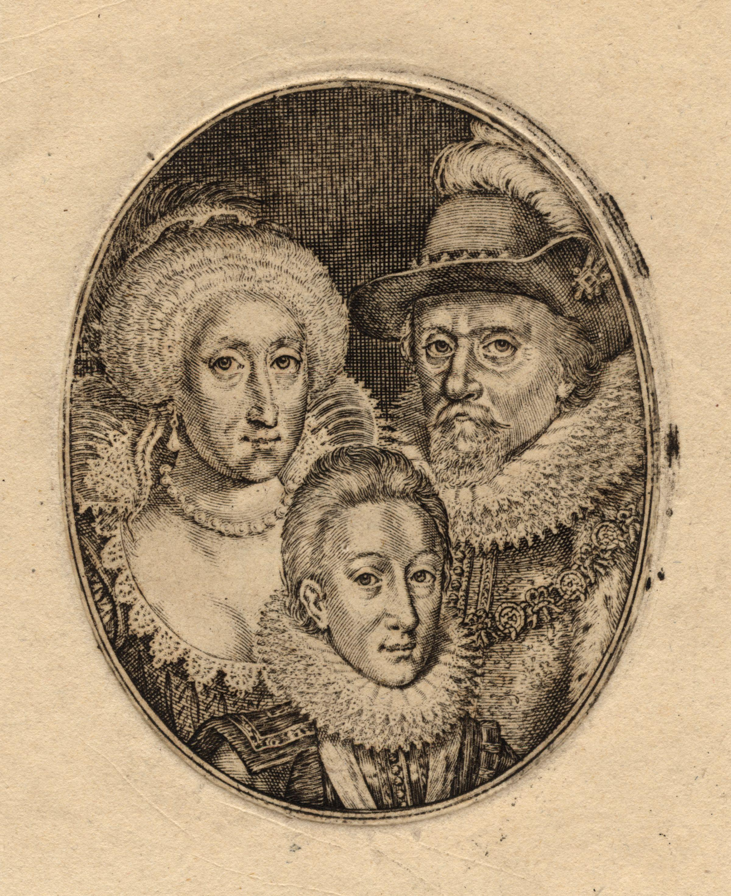Engraving of Anne of Denmark, Charles I (in boyhood), and James VI and I by Simon van de Passe. Image courtesy of the National Portrait Gallery (UK).