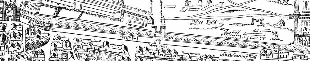 London Wall on the Agas map, depicted here between Cripplegate and Bishopsgate.