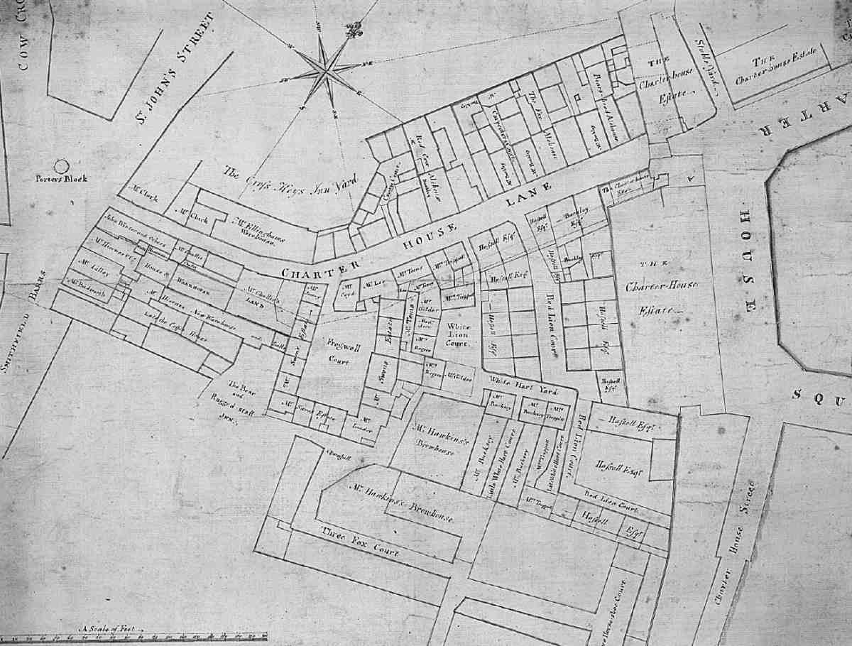 1718 map by an unknown cartographer, showing the unique alleys, courts, and curved shape of Charterhouse Lane. Image courtesy of British History Online (BHO).