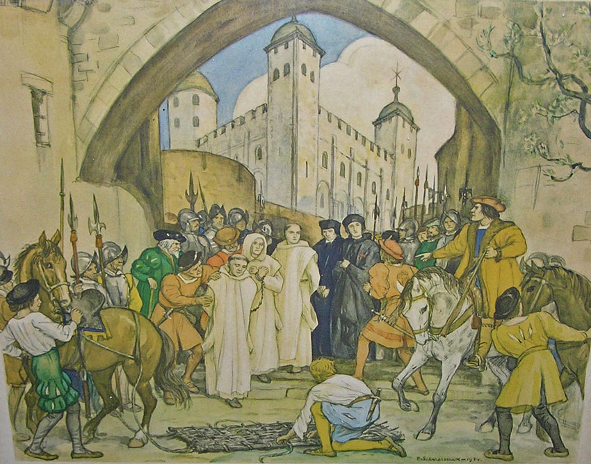 The Breaking of the Storm, depicting Houghton and two other English Carthusians in the moments leading up to their execution. Houghton is the first person in line. Image courtesy of the The Beauvale Society.