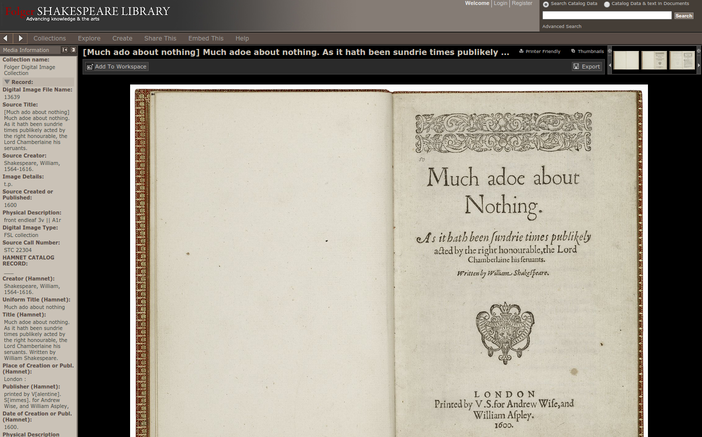 Screen capture of Much Ado About Nothing quarto (1600) in LUNA.