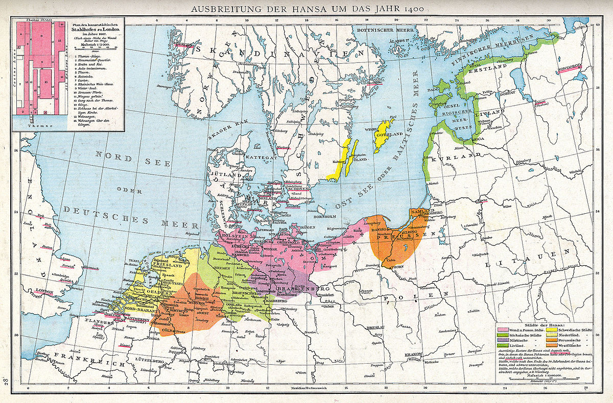 Map of the Hanseatic League in Europe circa 1400, as depicted in Gustav Droysen’s Allgemeiner Historischer Handatlas (Plate 28). Image courtesy of Wikimedia Commons.