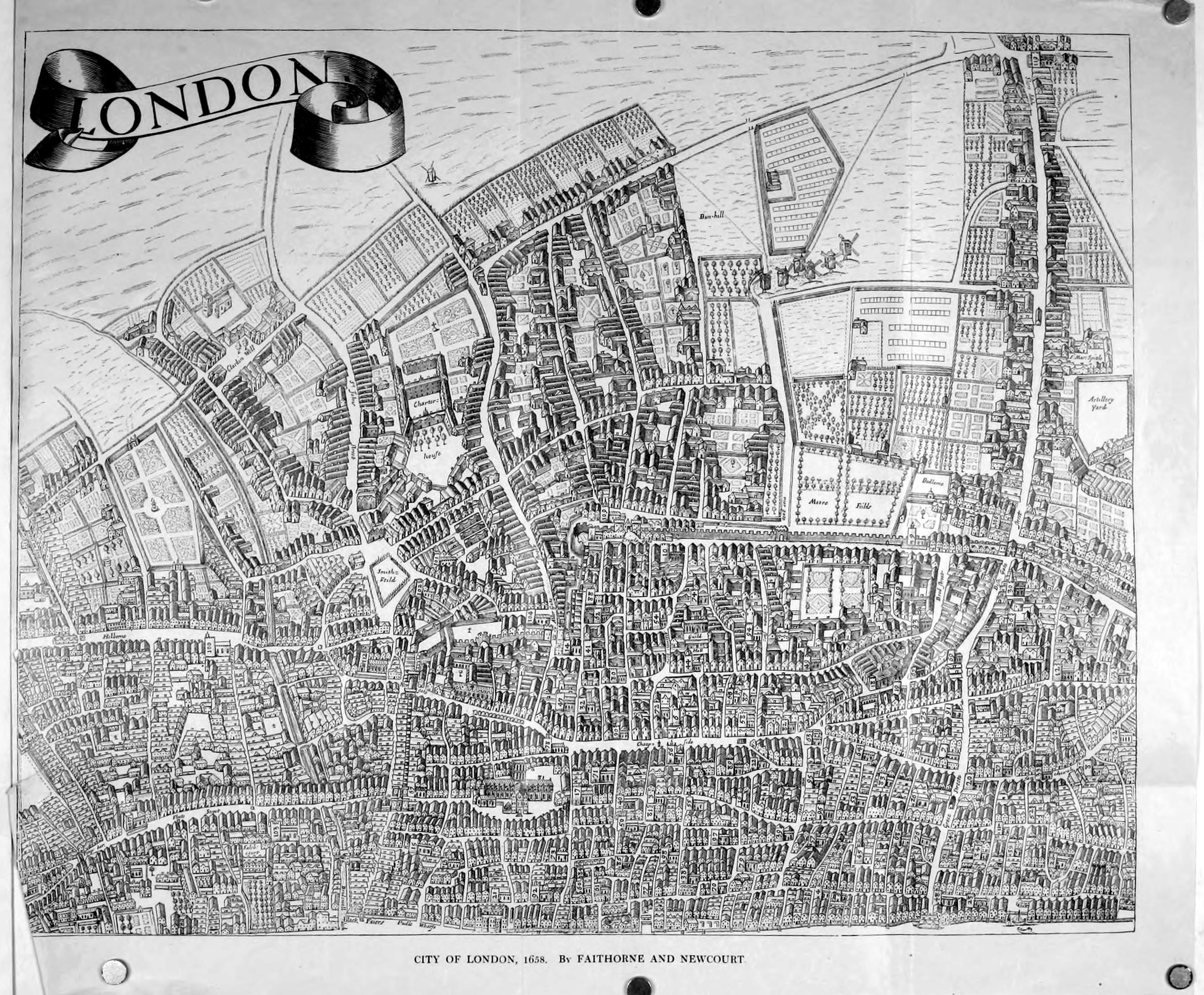 William Faithorne’s 1658 map of London. Image courtesy of Wikimedia Commons.