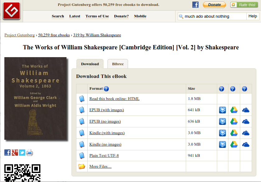 Screen capture of The Works of William Shakespeare on Project Gutenberg.