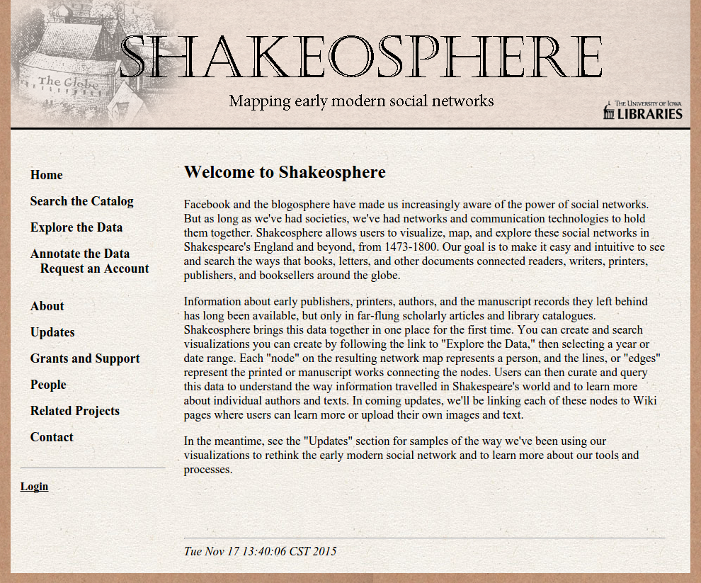 Screen capture of the Shakeosphere homepage.