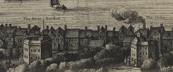 The Bear Garden (left) and the Bull Baiting arena (right) as depicted by Visscher’s  map of1616. Image courtesy of the Folger Digital Image Collection.