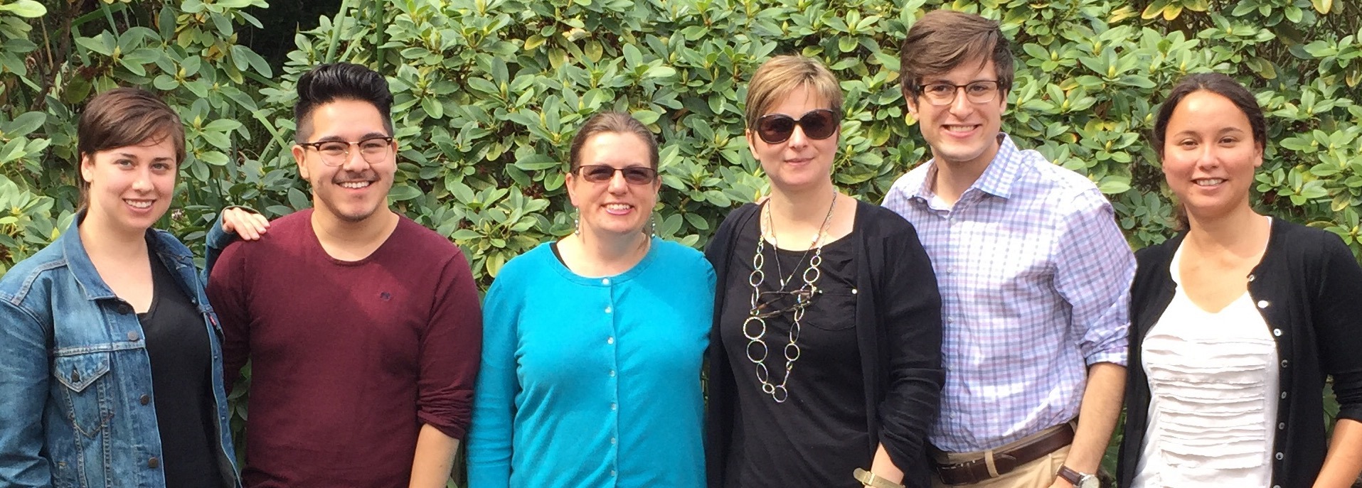 MoEML Team Lunch. Left to right: Katie McKenna,
                        Joey Takeda, Janelle Jenstad, Kim McLean-Fiander, Tye Landels, and Katie
                        Tanigawa.