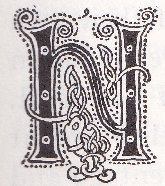 Illustrated Capital Letter "N" in The Heroes of Asgard (1930). 1930. C.E.Brock February 5, 1870-February 28, 1938.