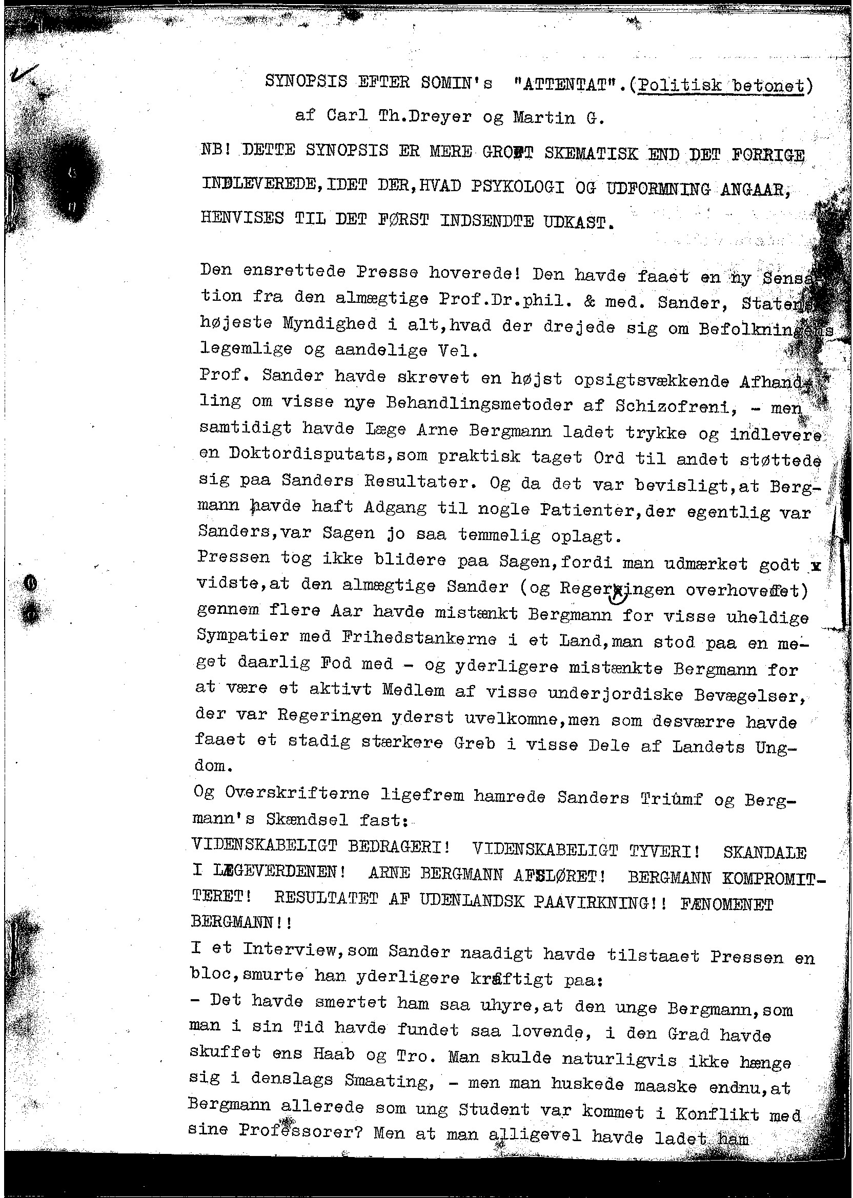 The first page of Dreyer’s politically toned synopsis. Found in the Swedish Film Institute’s Library.