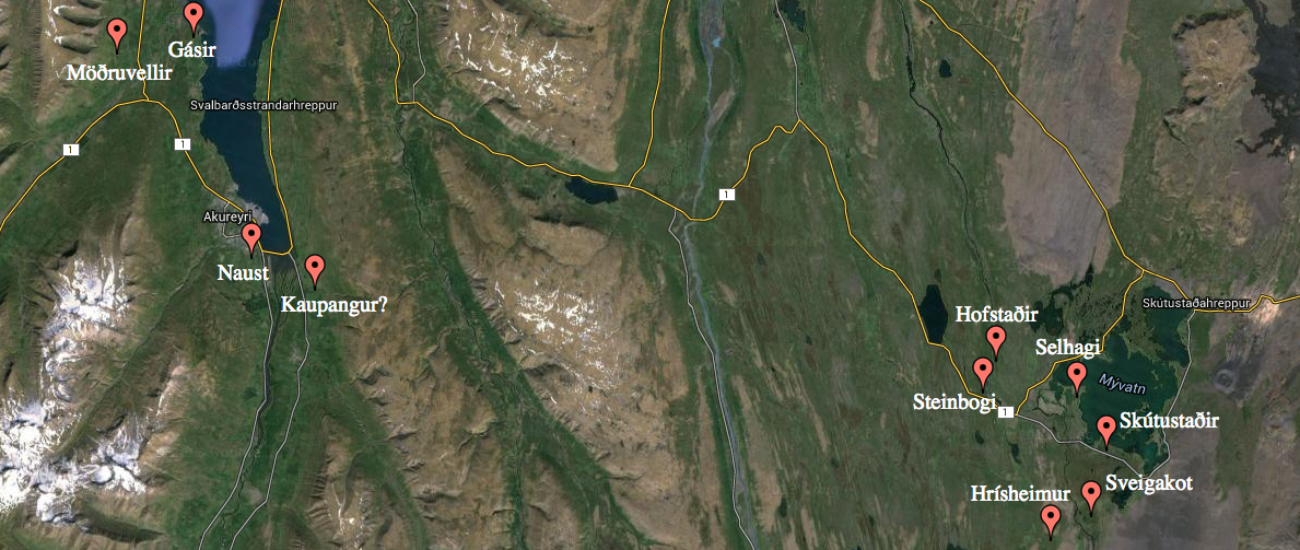 Figure 1: An overview of the most prominent sites described in this paper around Lake Mývatn and the base of Eyjafjörður